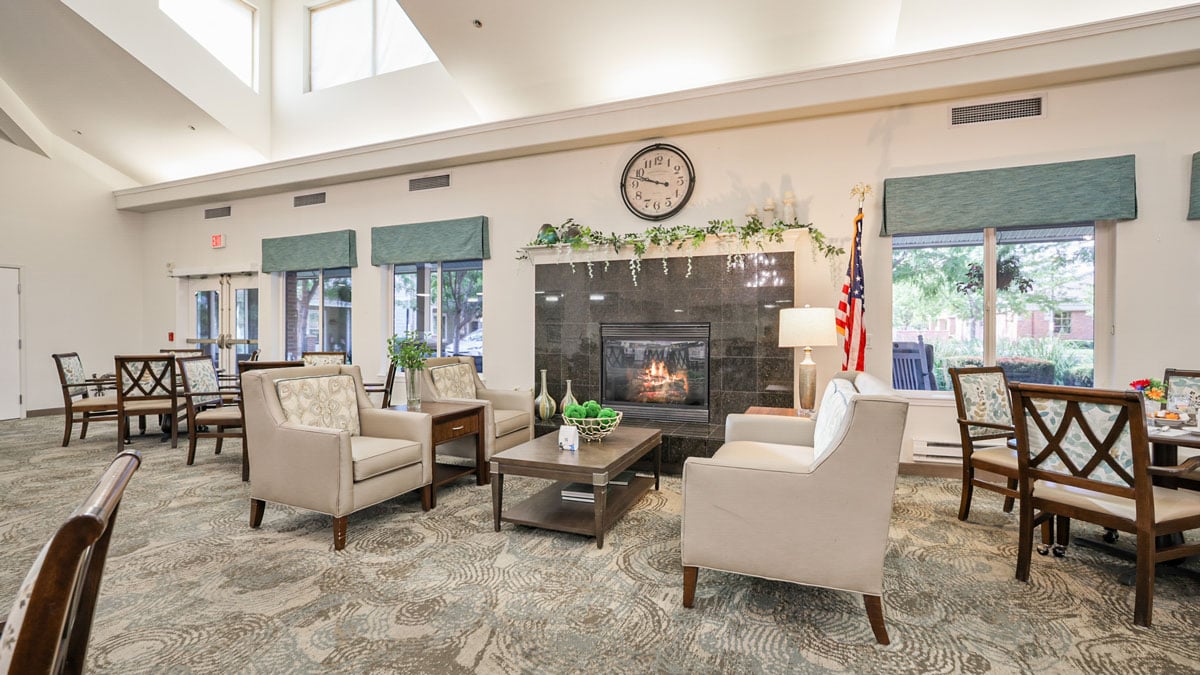 A cozy fireplace lounge at Salmon Creek